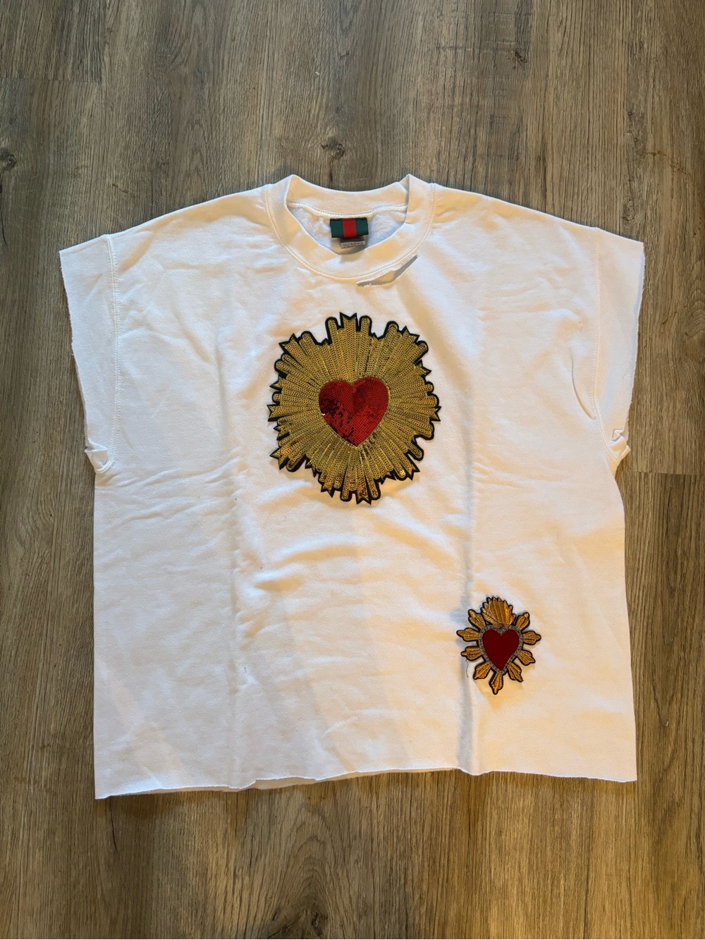 White Tee with Gold Sunburst & Red Heart Appliqués